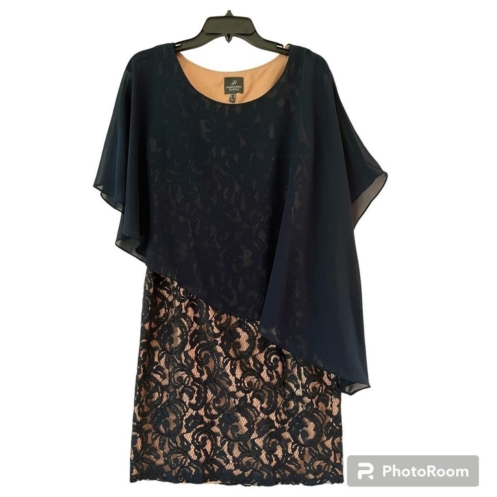 Adrianna Papell Blue Lace Sheath Dress with Chiffon Cape Size 10